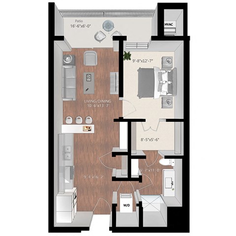 Floor plan for 1 bed, 1 bath, 690 sqft