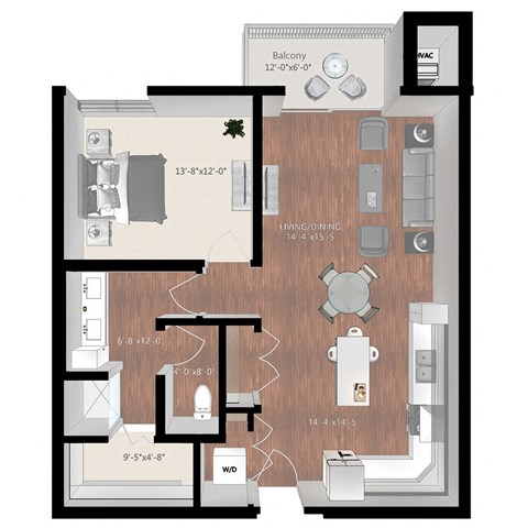 Floor plan for 1 bed, 1 bath, 934 sqft