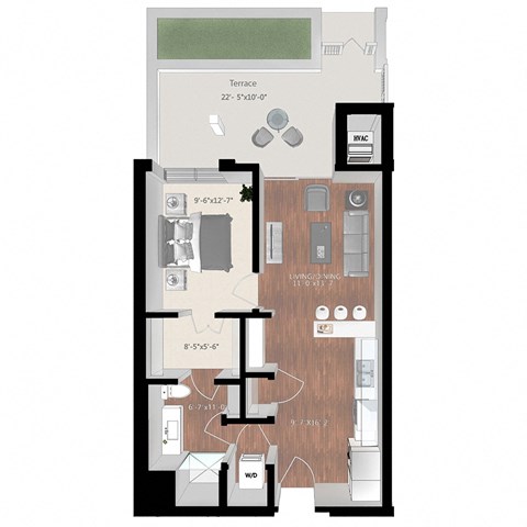 Floor plan for 1 bed, 1 bath, 701 sqft