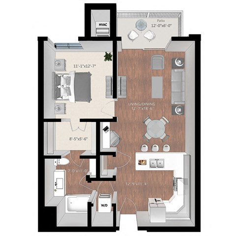 Floor plan for 1 bed, 1 bath, 799 sqft