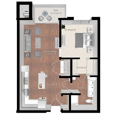 Floor plan for 1 bed, 1 bath, 847 sqft