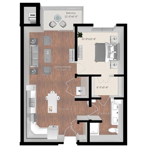 Floor plan for 1 bed, 1 bath, 847 sqft