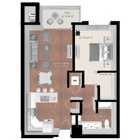Floor plan for 1 bed, 1 bath, 822 sqft