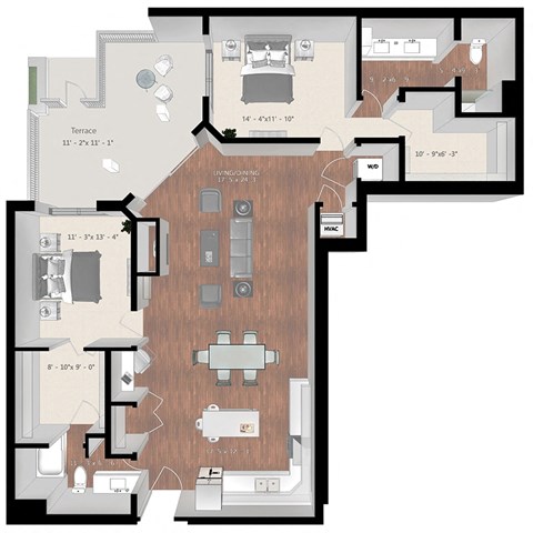Floor plan for 2 beds, 2 baths, 1538 sqft