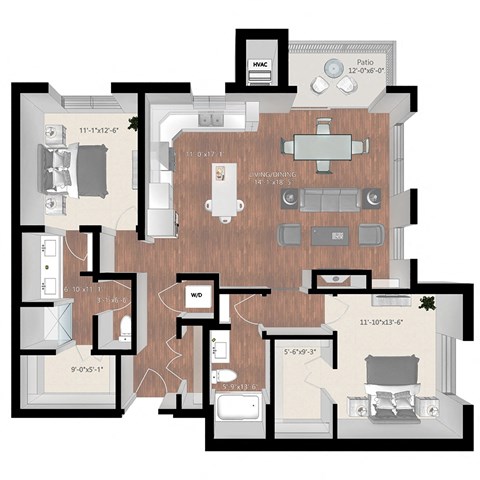 Floor plan for 2 beds, 2 baths, 1314 sqft
