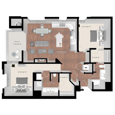 Floor plan for 2 beds, 2 baths, 1372 sqft