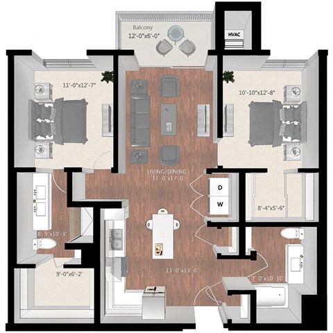 Floor plan for 2 beds, 2 baths, 1100 sqft