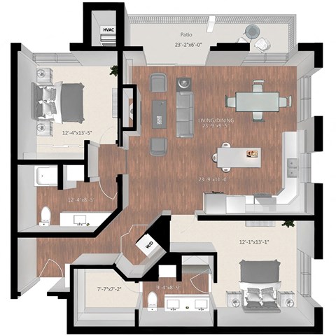 Floor plan for 2 beds, 2 baths, 1318 sqft