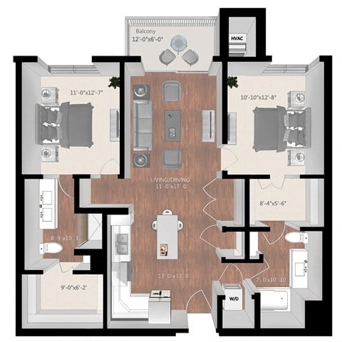 Floor plan for 2 beds, 2 baths, 1100 sqft
