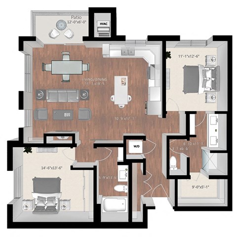 Floor plan for 2 beds, 2 baths, 1278 sqft