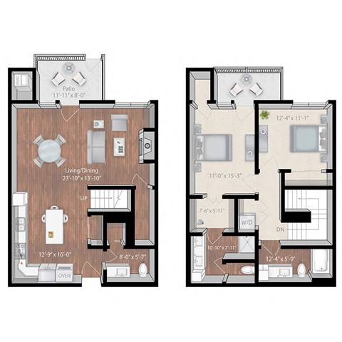 Floor plan for 2 beds, 2.5 baths, 1598 sqft