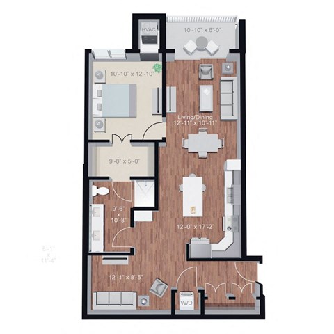 Floor plan for 1 bed, 1 bath, 952 sqft