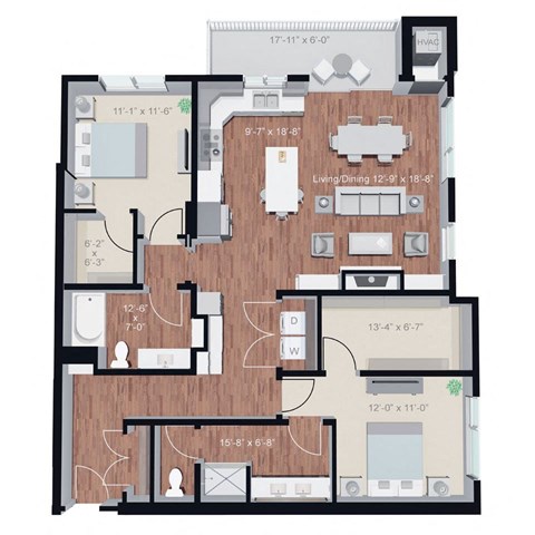 Floor plan for 2 beds, 2 baths, 1421 sqft