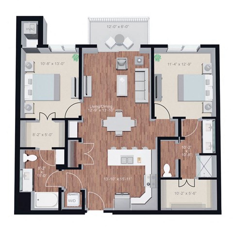 Floor plan for 2 beds, 2 baths, 1165 sqft
