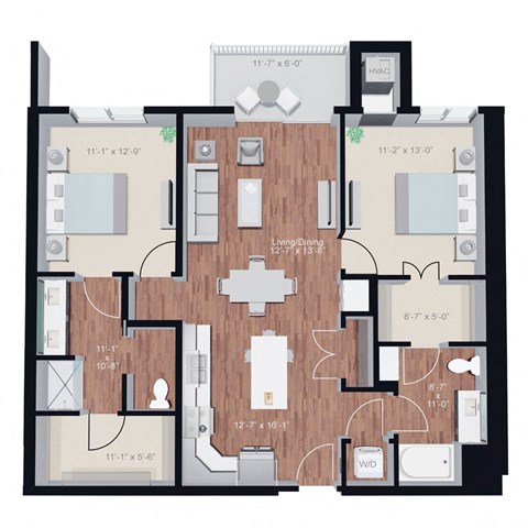 Floor plan for 2 beds, 2 baths, 1187 sqft