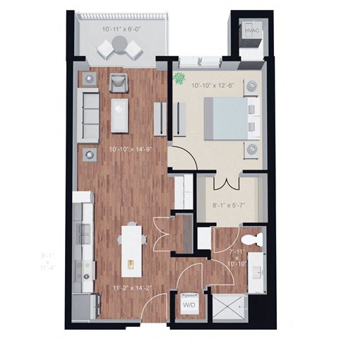 Floor plan for 1 bed, 1 bath, 734 sqft