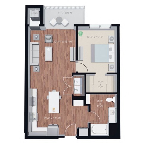 Floor plan for 1 bed, 1 bath, 798 sqft