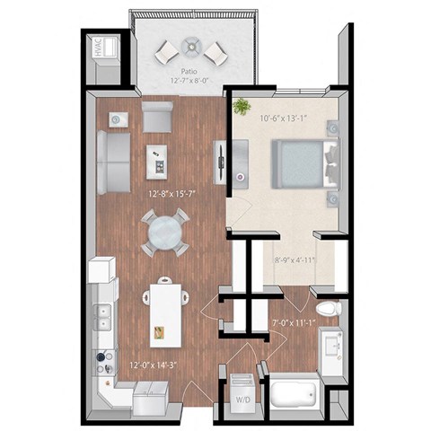 Floor plan for 1 bed, 1 bath, 799 sqft