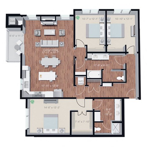 Floor plan for 3 beds, 2 baths, 1735 sqft
