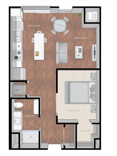 Floor plan for 1 bed, 1 bath, 643 sqft