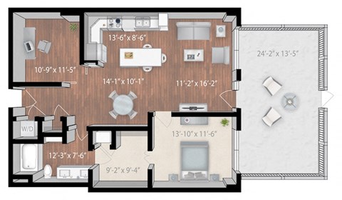 Floor plan for 1 bed, 1 bath, 1092 sqft
