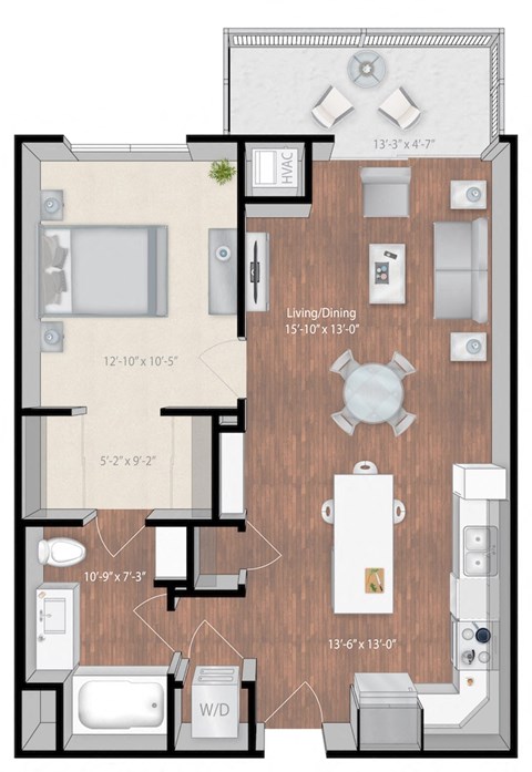 Floor plan for 1 bed, 1 bath, 758 sqft