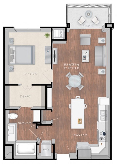 Floor plan for 1 bed, 1 bath, 756 sqft