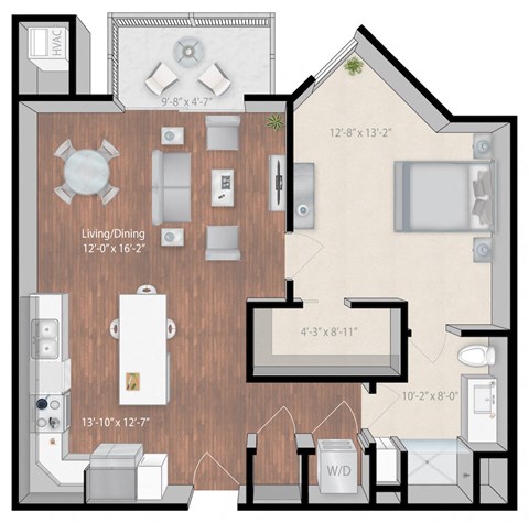 Floor plan for 1 bed, 1 bath, 836 sqft