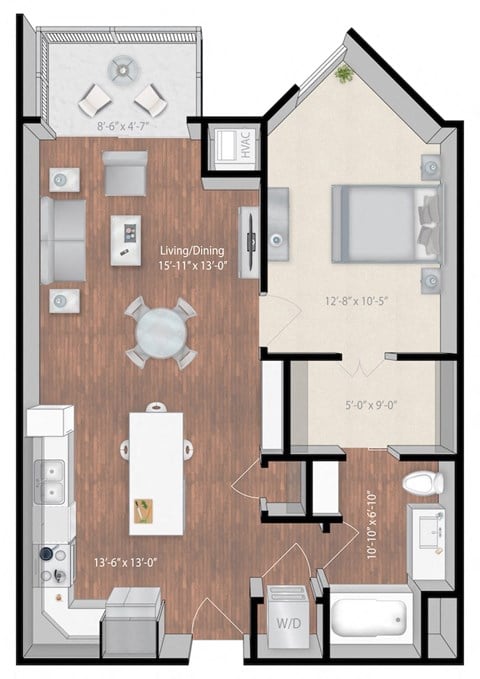 Floor plan for 1 bed, 1 bath, 786 sqft