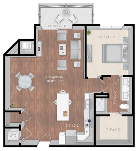 Floor plan for 1 bed, 1 bath, 959 sqft