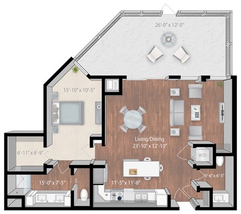 Floor plan for 1 bed, 1.5 baths, 1039 sqft