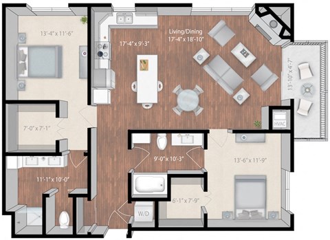 Floor plan for 2 beds, 2 baths, 1370 sqft