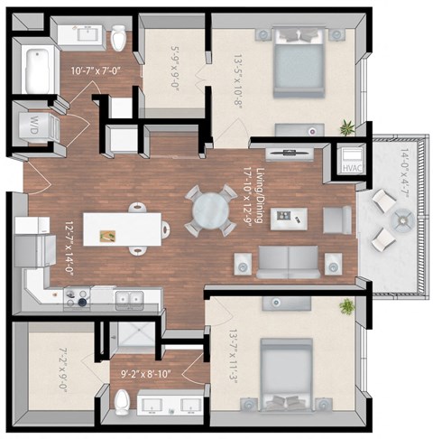 Floor plan for 2 beds, 2 baths, 1166 sqft