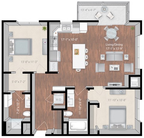 Floor plan for 2 beds, 2 baths, 1125 sqft