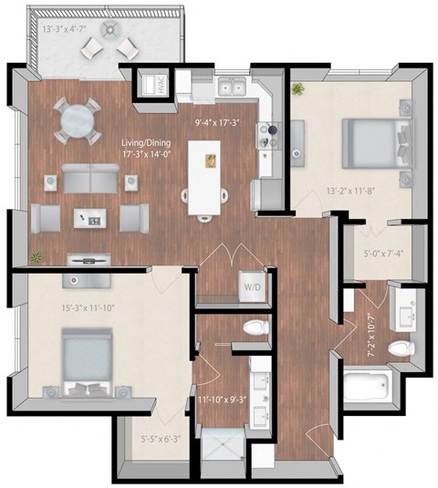 Floor plan for 2 beds, 2 baths, 1244 sqft
