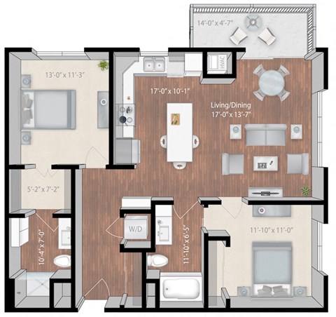 Floor plan for 2 beds, 2 baths, 1114 sqft
