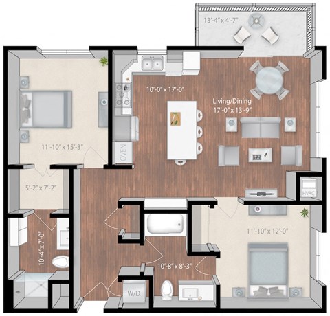 Floor plan for 2 beds, 2 baths, 1125 sqft