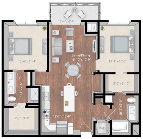 Floor plan for 2 beds, 2 baths, 1110 sqft