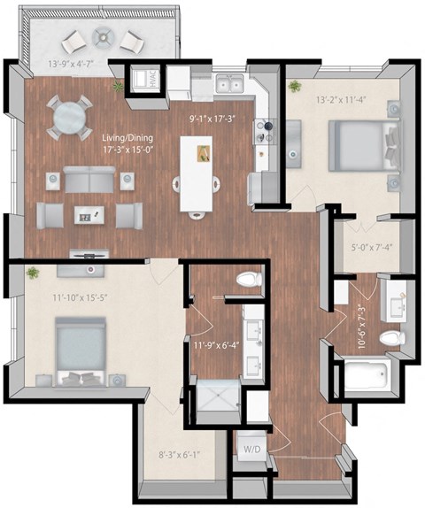 Floor plan for 2 beds, 2 baths, 1318 sqft