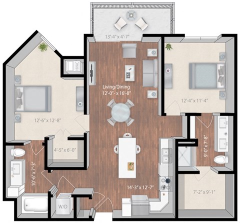 Floor plan for 2 beds, 2 baths, 1136 sqft