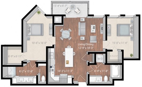 Floor plan for 2 beds, 2 baths, 1133 sqft