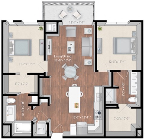 Floor plan for 2 beds, 2 baths, 1109 sqft