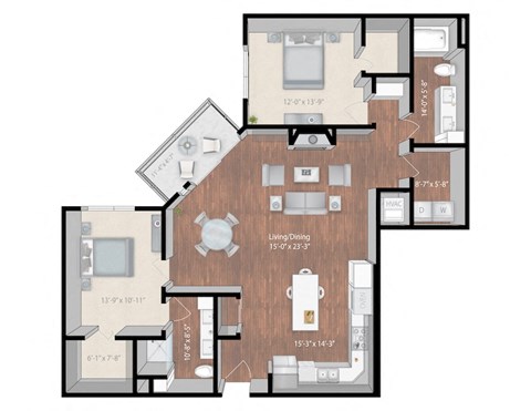 Floor plan for 2 beds, 2 baths, 1395 sqft