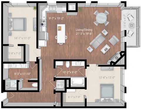 Floor plan for 2 beds, 2 baths, 1538 sqft