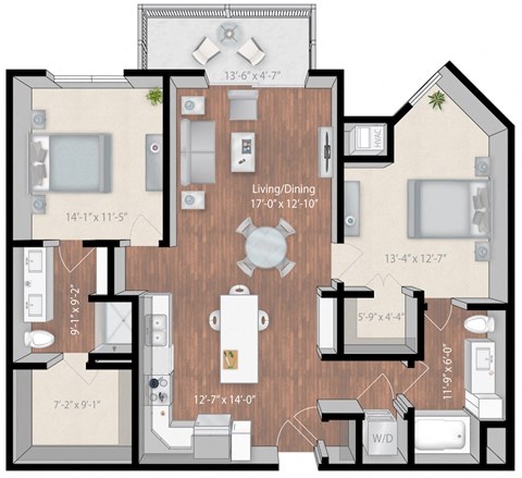 Floor plan for 2 beds, 2 baths, 1167 sqft