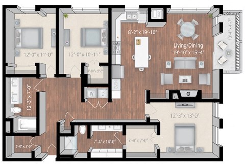 Floor plan for 3 beds, 2 baths, 1613 sqft