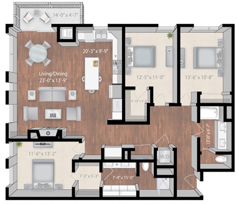 Floor plan for 3 beds, 2 baths, 1671 sqft