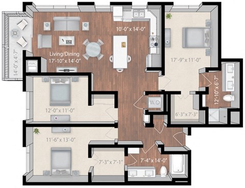 Floor plan for 3 beds, 2 baths, 1523 sqft