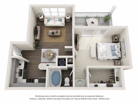Floor plan for 1 bed, 1 bath, 726 sqft