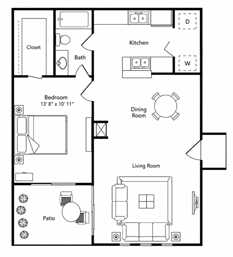 Floor plan for 1 bed, 1 bath, 660 sqft